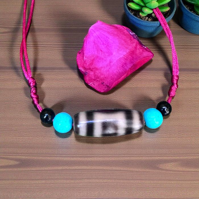 Dzi tibetano a cielo e terra con grano a  Turchese e Tormalina Nera