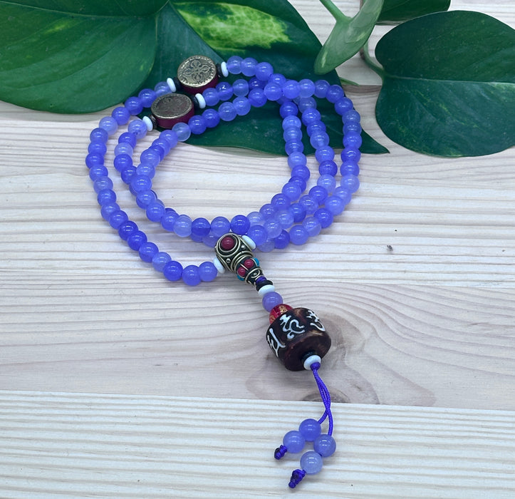 Mala Tibetano 108 Grani in Agata Viola con Doppio Vajra e Mantra Om Mani Padme Hum