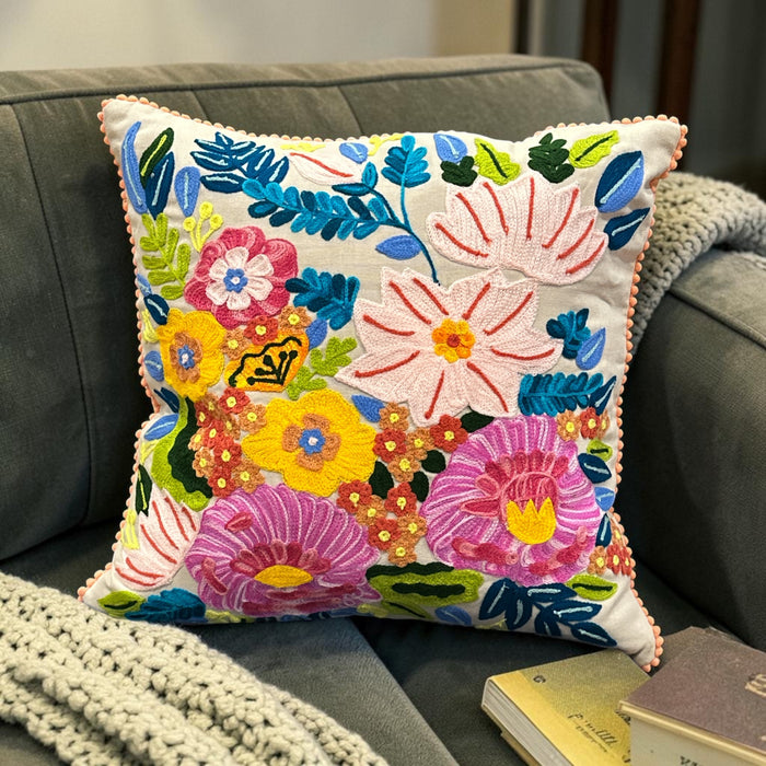 Embroidered flower cushion