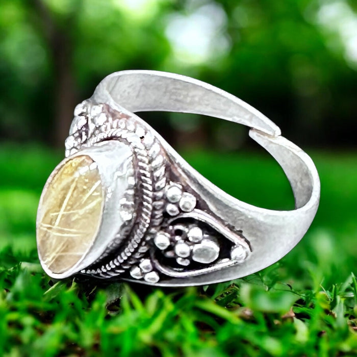 Anello in Argento 925 con Quarzo Rutilato Dorato – Fatto a Mano in Nepal, Taglia Unica