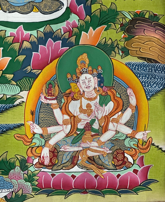 Thangka di Tara Bianco or Tsel Lha Nam Sum (Long Life Buddhas)