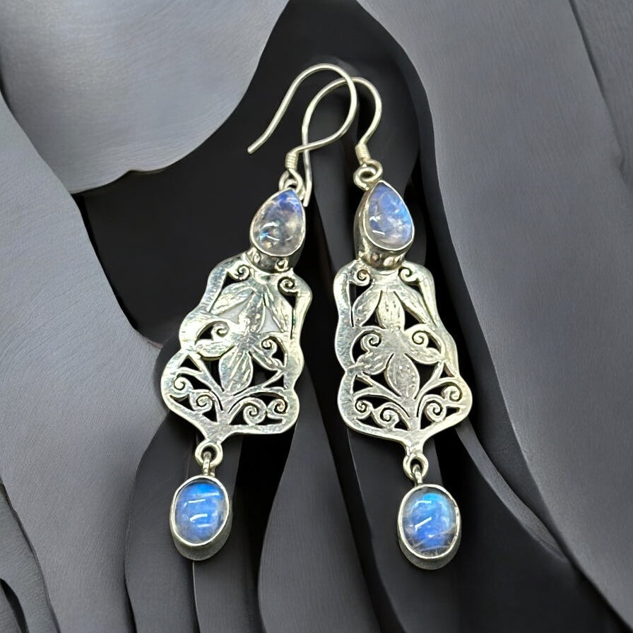 La Pietra Di Luna Gemma Fatto A Mano Modo Goccia A Penzolare Orecchini Etnici Per Donne Ossidato Argento Progettazione Unico Orecchini In Argento Tibetano - Foto 11