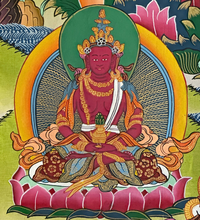 Thangka di Tara Bianco or Tsel Lha Nam Sum (Long Life Buddhas)