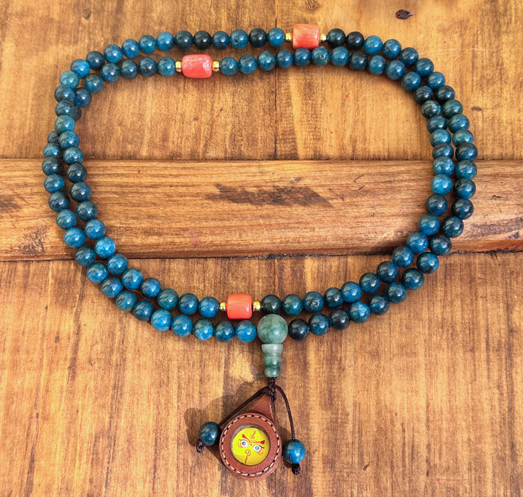 Mala in Blu Apatite con Pendente Terzo Occhio nella Cuoio