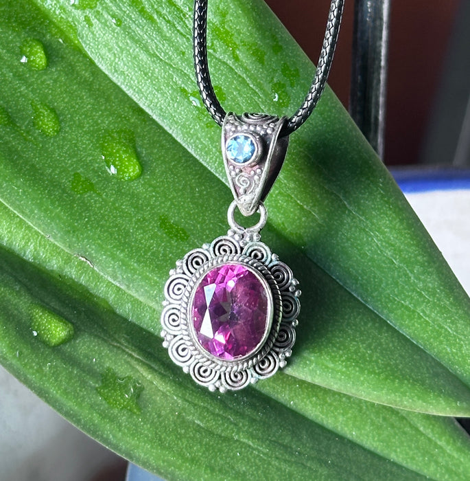 Ciondolo con tormalina rosa e blu topazio-argento 925
