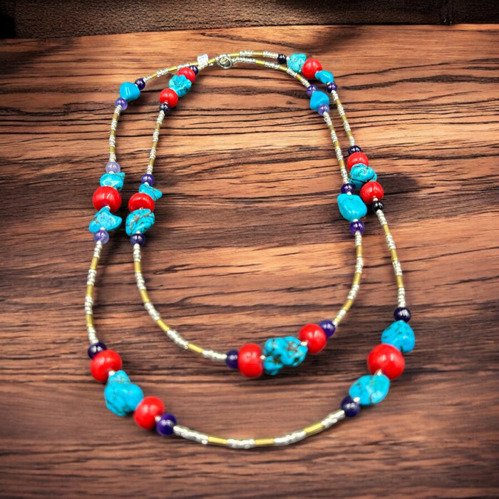Collana tibetana con turchese e coralo bamboo