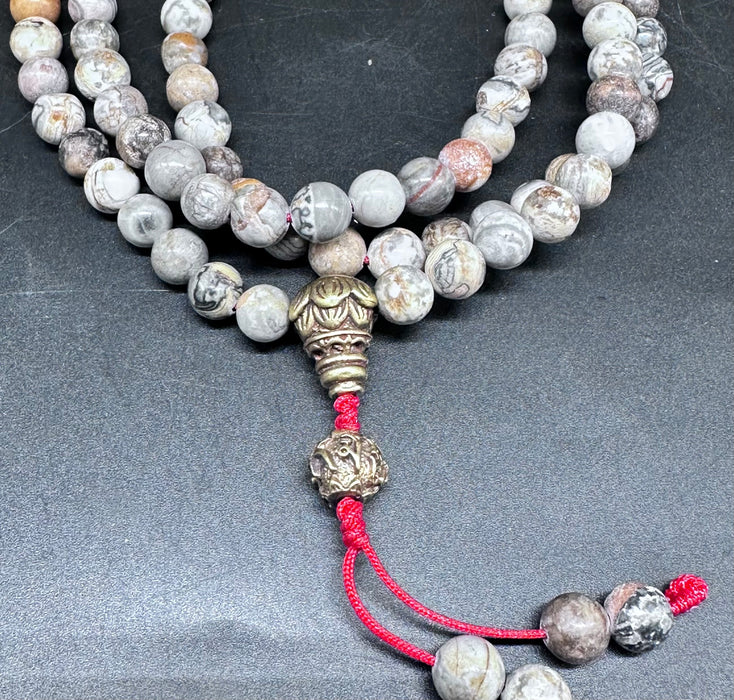 Mala 108grani con opale bianca e occhio di tigre