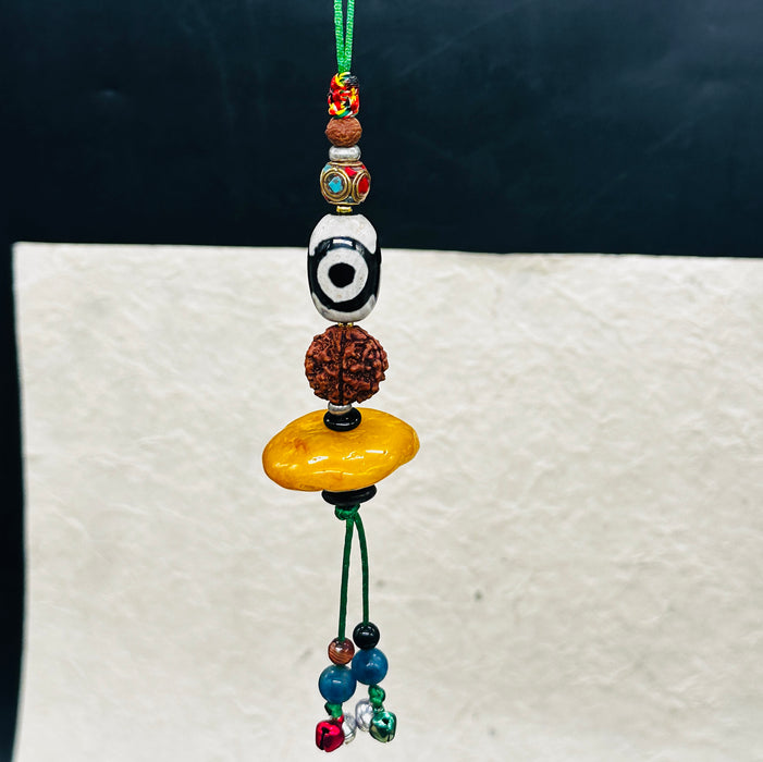 Portachiavi Tibetano con Dzi, Ambra e Semi di Rudraksha