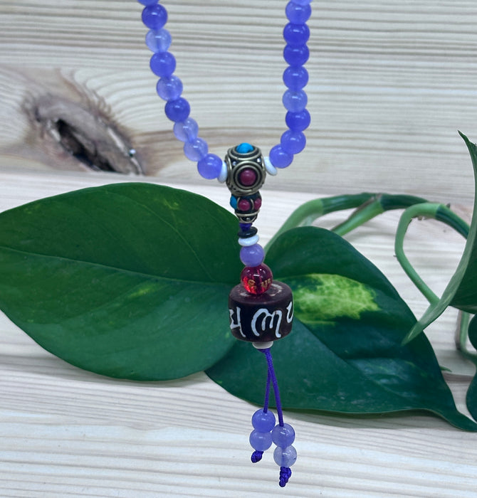 Mala Tibetano 108 Grani in Agata Viola con Doppio Vajra e Mantra Om Mani Padme Hum