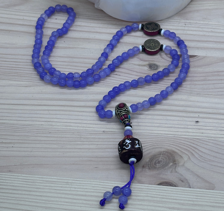 Mala Tibetano 108 Grani in Agata Viola con Doppio Vajra e Mantra Om Mani Padme Hum