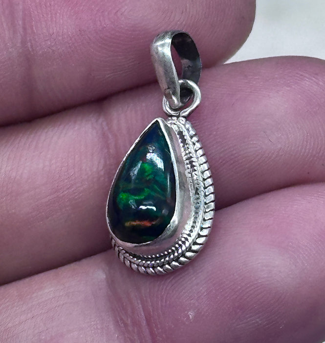 Dark iridescent green opal pendant - 925 silver