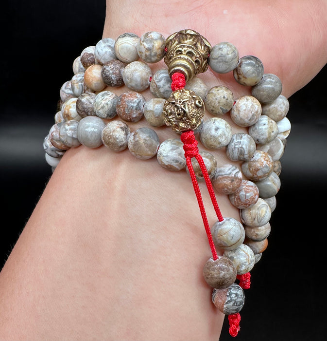 Mala 108grani con opale bianca e occhio di tigre