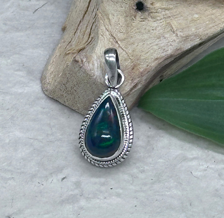 Dark iridescent green opal pendant - 925 silver