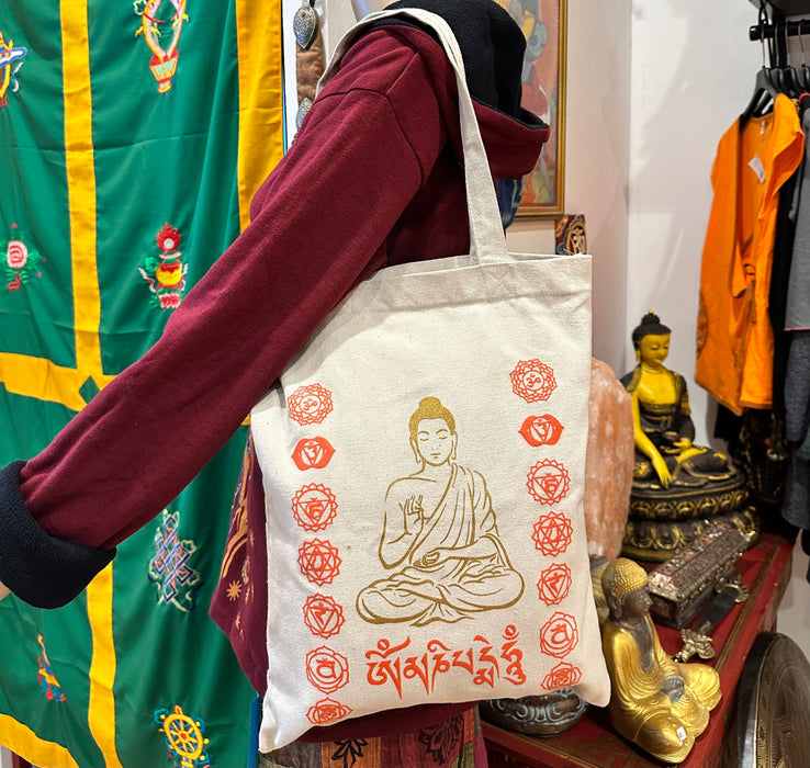 Borsa con simboli di 7 chakra e buddha di cottone grezze