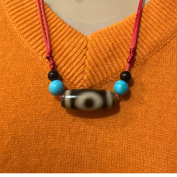 Dzi tibetano a cielo e terra con grano a  Turchese e Tormalina Nera