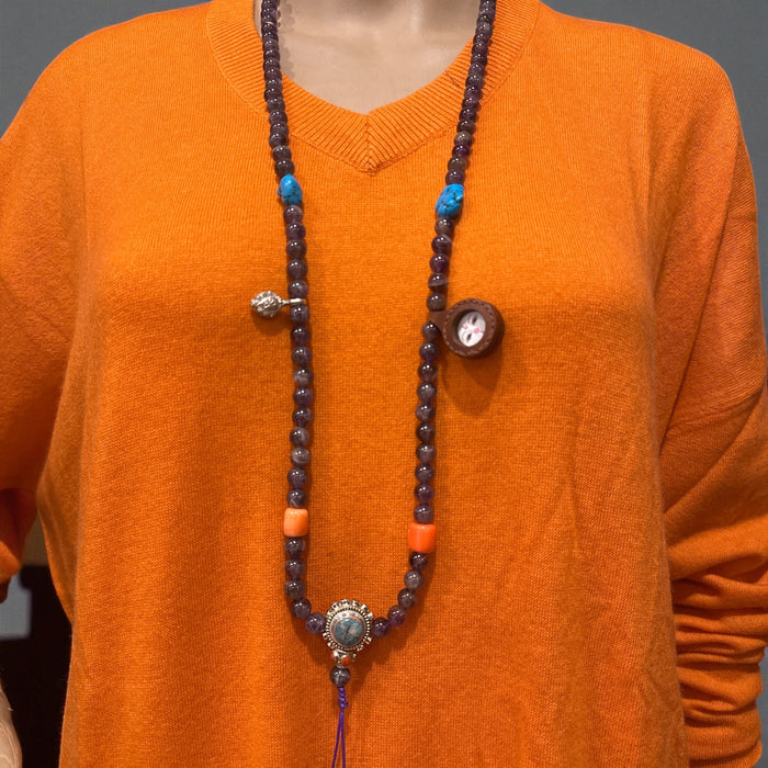 Mala Tibetano Tradizionale in Ametista con Conta Mala e Guru in Argento