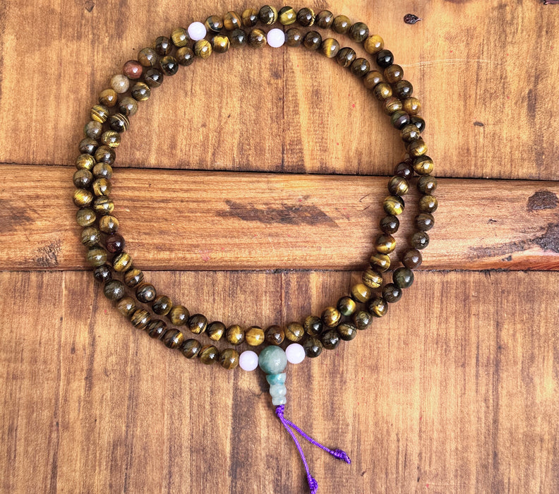 Mala tibetano con occhio di tigre e quarzo rosa