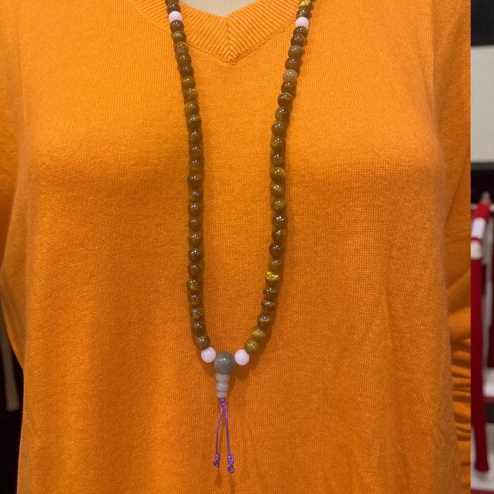 Mala tibetano con occhio di tigre e quarzo rosa