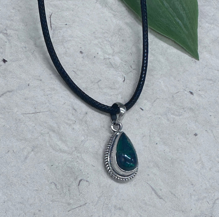Dark iridescent green opal pendant - 925 silver