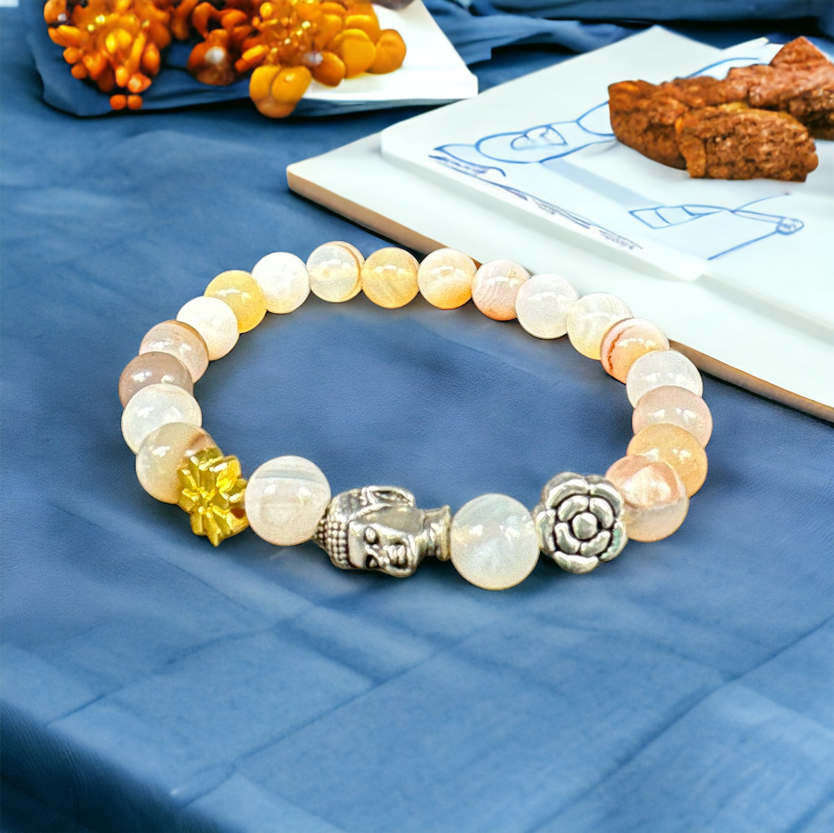ALCHIMIA Bracciale Unisex Con Buddha E Pietre Naturali D'Agata Arborizzata (8mm) - Fatto A Mano In Italia, Portafortuna, Regalo - 5