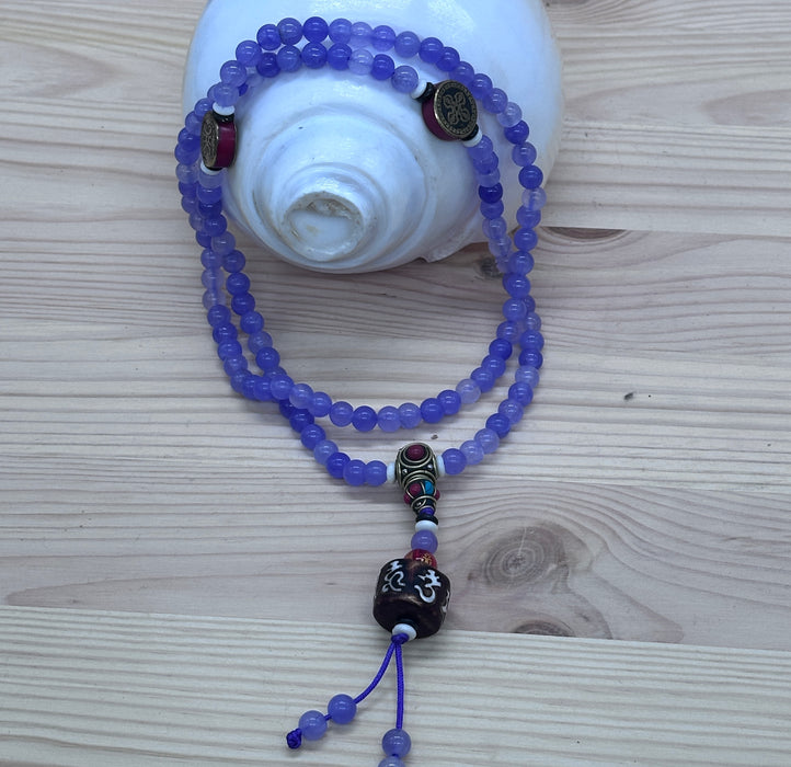 Mala Tibetano 108 Grani in Agata Viola con Doppio Vajra e Mantra Om Mani Padme Hum