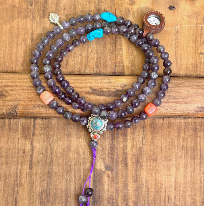 Mala Tibetano Tradizionale in Ametista con Conta Mala e Guru in Argento