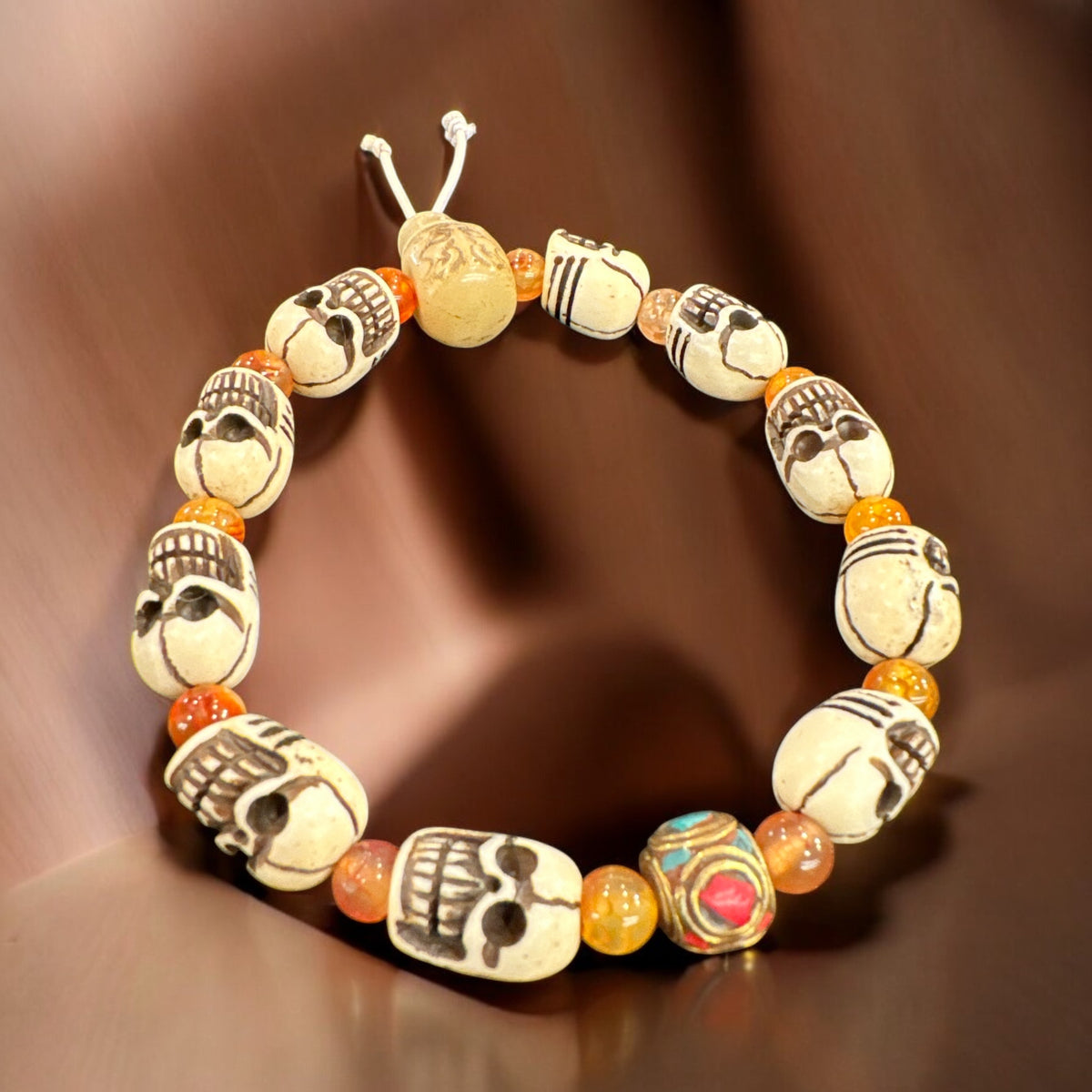 Bracelet Homme En Bois Motif Tête De Mort Pirate - Rose Des Sables/Tibétain - Neuf Sans Emballage