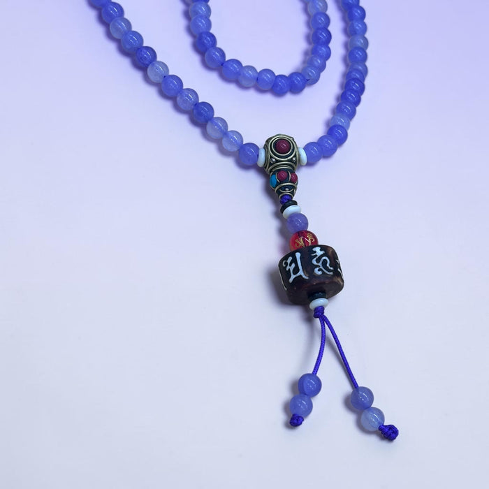 Mala Tibetano 108 Grani in Agata Viola con Doppio Vajra e Mantra Om Mani Padme Hum