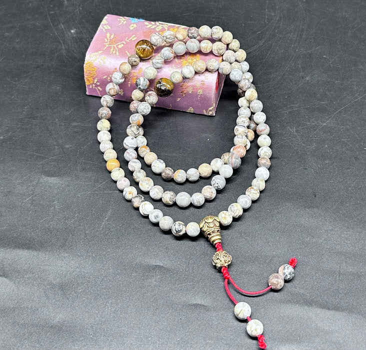 Mala 108grani con opale bianca e occhio di tigre