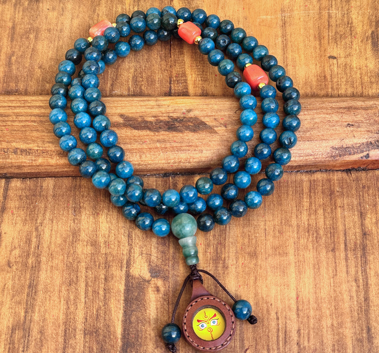 Mala in Blu Apatite con Pendente Terzo Occhio nella Cuoio