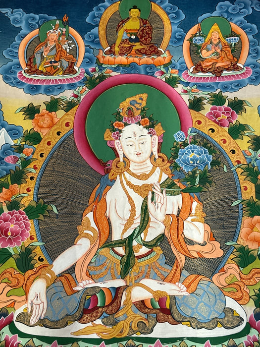 Thangka di Tara Bianco or Tsel Lha Nam Sum (Long Life Buddhas)