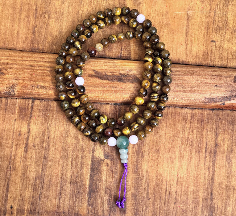 Mala tibetano con occhio di tigre e quarzo rosa