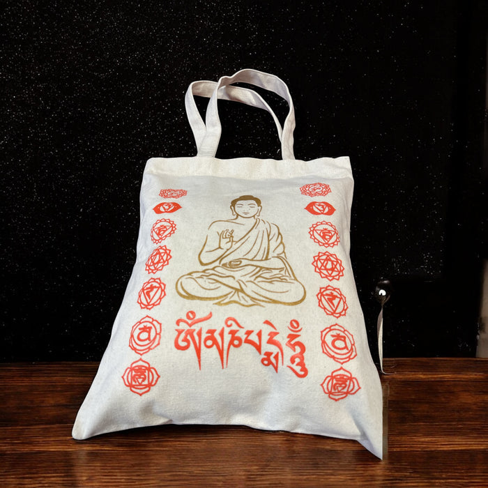 Borsa con simboli di 7 chakra e buddha di cottone grezze