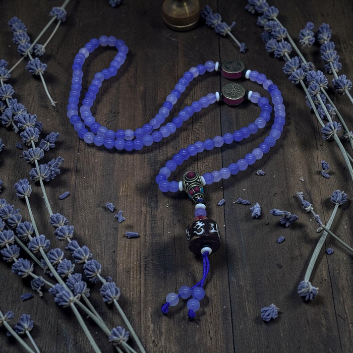 Mala Tibetano 108 Grani in Agata Viola con Doppio Vajra e Mantra Om Mani Padme Hum