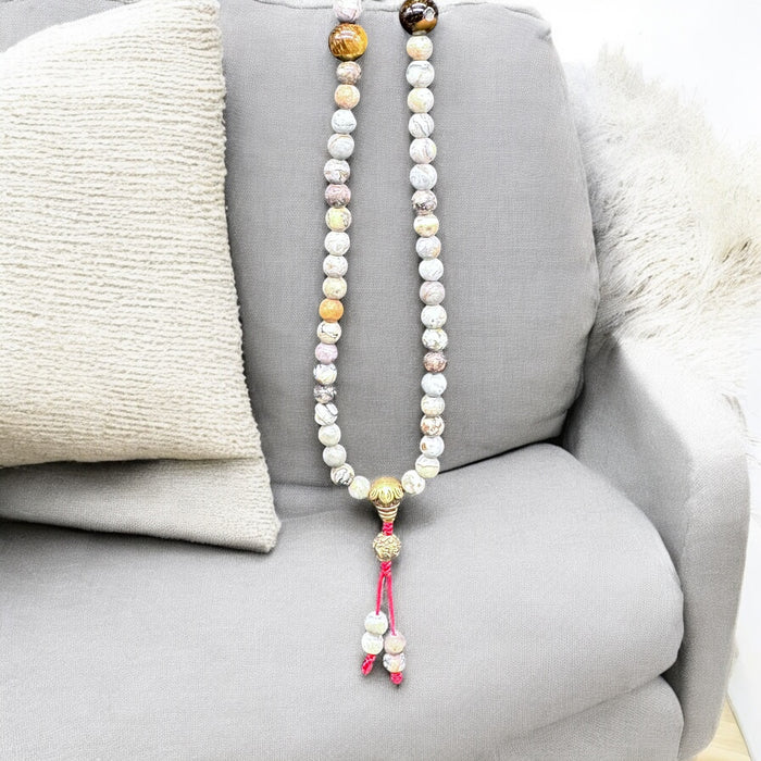 Mala 108grani con opale bianca e occhio di tigre