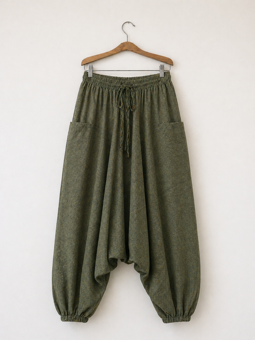 Green cotton drop crotch trousers