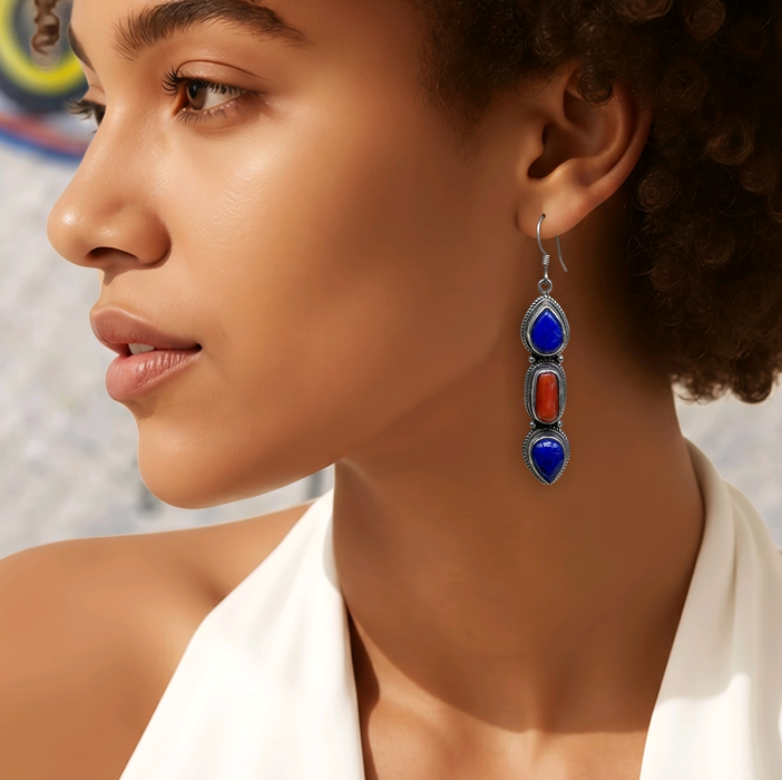 Tibetan silver earrings with lapis lazuli and coral