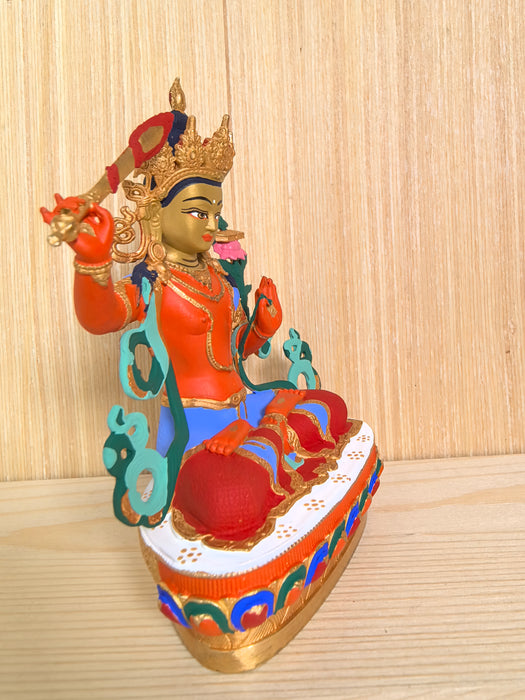 Statua Manjushri in bronzo dipinto a mano