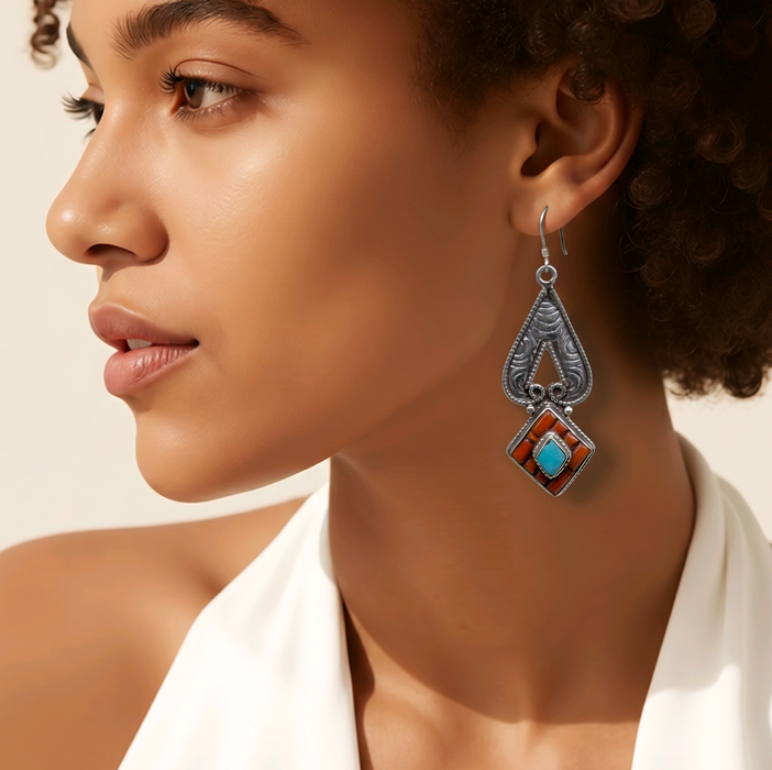 Tibetan 925 silver earrings with turquoise and coral