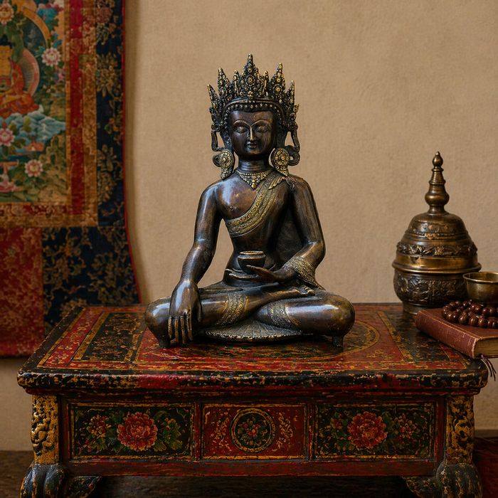 Buddha Shakyamuni incoronato in bronzo