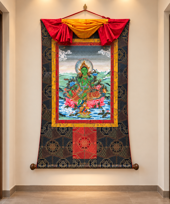 Thanka Tara Verde in Seta Tessuta a mano