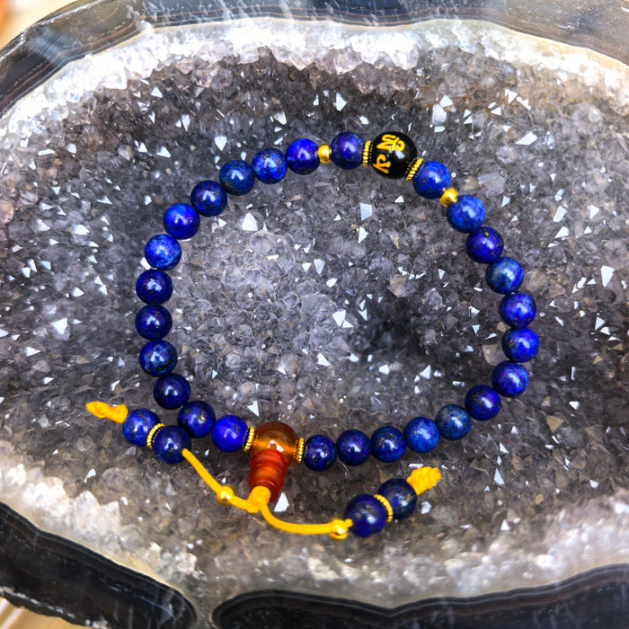 Lapis lazuli bracelet with Om mani padme hum on Black Tourmaline