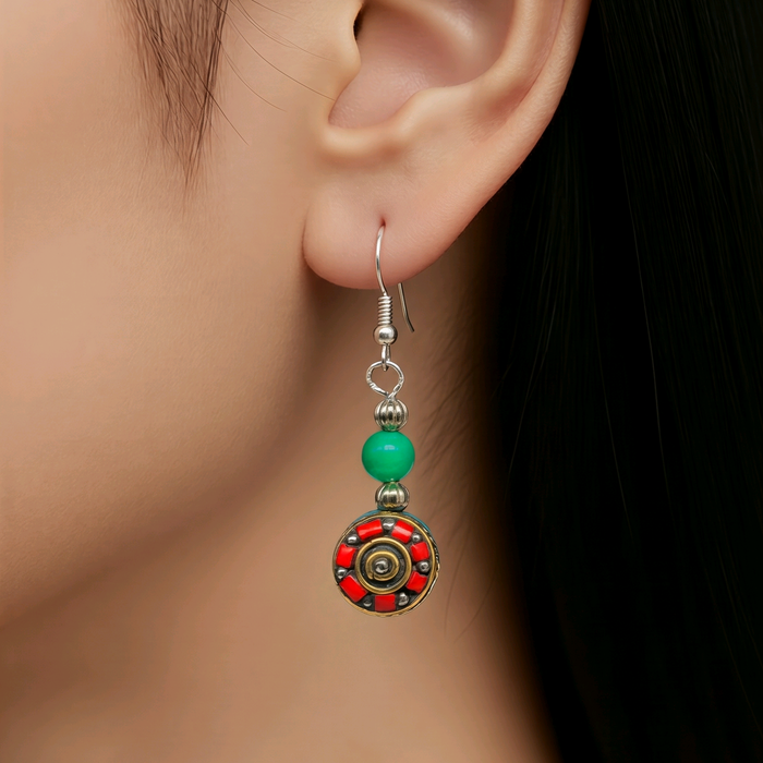 Handcrafted Tibetan Earrings with Green Agate Beads