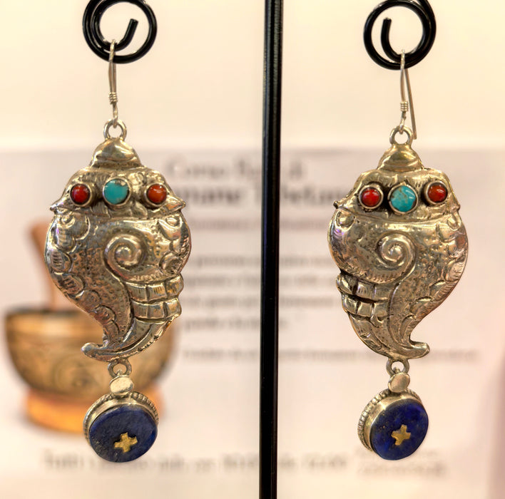 Earrings with Shells, Lapis Lazuli, Turquoise, and Coral