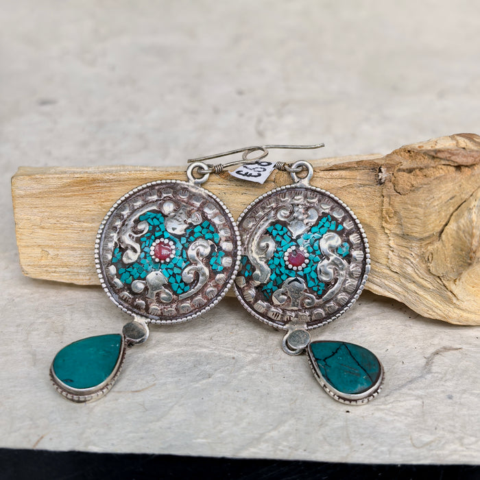 Tibetan silver earrings with turquoise and coral