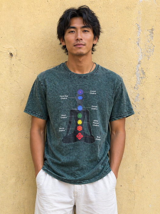 T-shirt stampa 7 chakra in stone wash verde