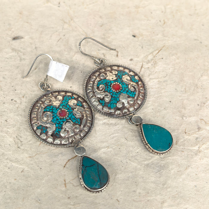 Tibetan silver earrings with turquoise and coral