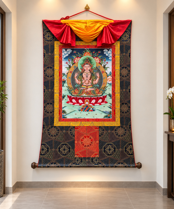 Thangka Cherezig in Seta Tessuta a mano