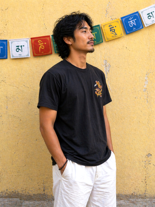 Black cotton embroidered dragon T-shirt