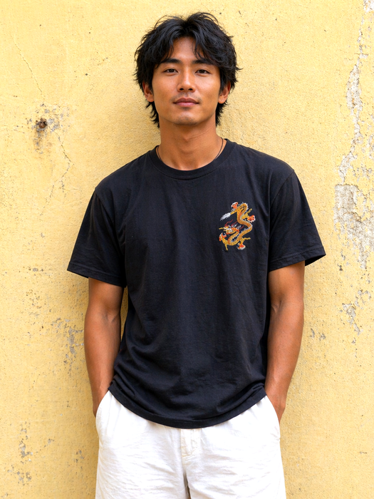Black cotton embroidered dragon T-shirt
